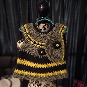 Handmade Crochet Vest in Gray, Black, and Yellow